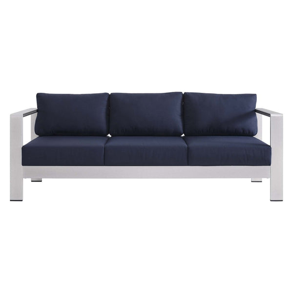 Modway Furniture Shore Sunbrella® Fabric Aluminum Outdoor Patio Sofa – Durable, Stylish, and Low-Maintenance Comfort Silver Navy EEI-4228-SLV-NAV