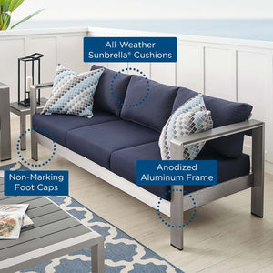 Modway Furniture Shore Sunbrella® Fabric Aluminum Outdoor Patio Sofa – Durable, Stylish, and Low-Maintenance Comfort Silver Navy EEI-4228-SLV-NAV