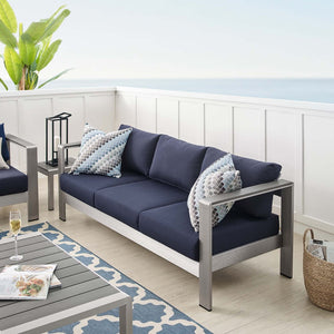 Modway Furniture Shore Sunbrella® Fabric Aluminum Outdoor Patio Sofa – Durable, Stylish, and Low-Maintenance Comfort Silver Navy EEI-4228-SLV-NAV