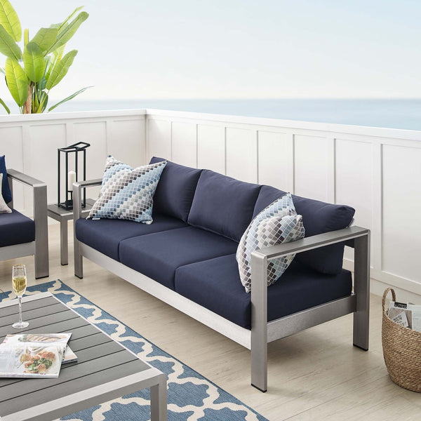 Modway Furniture Shore Sunbrella® Fabric Aluminum Outdoor Patio Sofa – Durable, Stylish, and Low-Maintenance Comfort Silver Navy EEI-4228-SLV-NAV