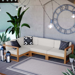 Modway Furniture Upland 4-Piece Modular Teak Sectional Sofa Set for Outdoor Living - Weather-Resistant Comfort EEI-4253-NAT-WHI-SET