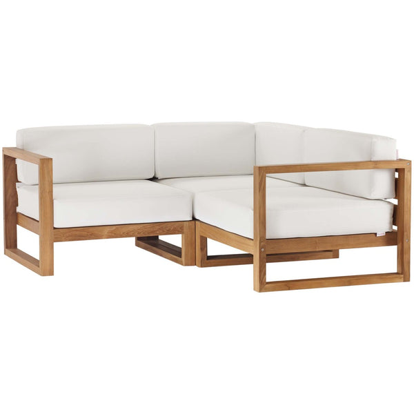 Modway Furniture Upland 3-Piece Teak Wood Sectional Sofa Set - Modular Outdoor Seating with Plush Cushions for Patios EEI-4255-NAT-WHI-SET