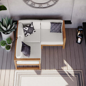 Modway Furniture Upland 3-Piece Teak Wood Sectional Sofa Set - Modular Outdoor Seating with Plush Cushions for Patios EEI-4255-NAT-WHI-SET