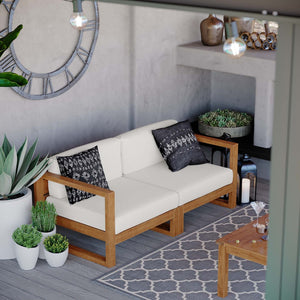 Modway Furniture Upland 2-Piece Teak Wood Sectional Loveseat - Modular Outdoor Sofa for Patios, Balconies & Pools EEI-4256-NAT-WHI-SET