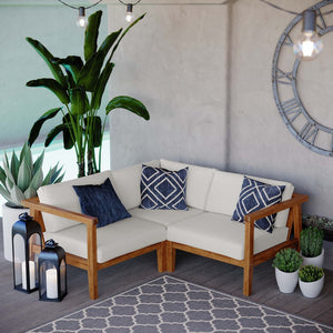 Modway Furniture Bayport 3-Piece Teak Sectional Sofa Set - Durable, Weather-Resistant Comfort for Outdoor Relaxation EEI-4258-NAT-WHI-SET