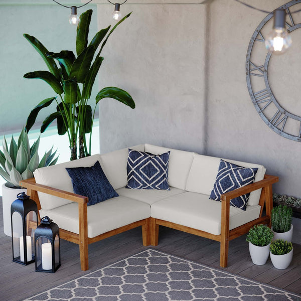 Modway Furniture Bayport 3-Piece Teak Sectional Sofa Set - Durable, Weather-Resistant Comfort for Outdoor Relaxation EEI-4258-NAT-WHI-SET