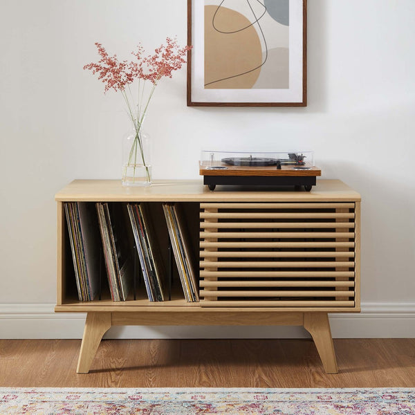 Modway Furniture Render Vinyl Record Display Stand - Mid-Century Modern Storage Console for Vinyl Lovers and Collectors Oak EEI-4263-OAK