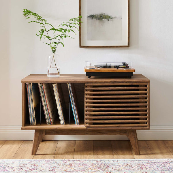 Modway Furniture Render Vinyl Record Display Stand - Mid-Century Modern Storage Console for Vinyl Lovers and Collectors Walnut EEI-4263-WAL