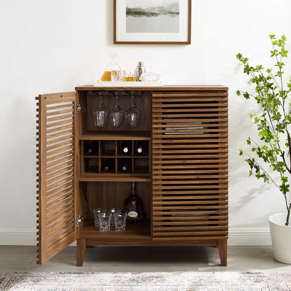 Modway Furniture Render Mid-Century Modern Bar Cabinet - Stylish Walnut Storage with Soft-Close Drawers & Racks EEI-4311-WAL
