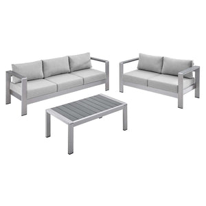 Modway Furniture Shore 3 Piece Sunbrella® Fabric Outdoor Patio Set - Stylish Aluminum Frames for Lasting Comfort Silver Gray EEI-4313-SLV-GRY-SET
