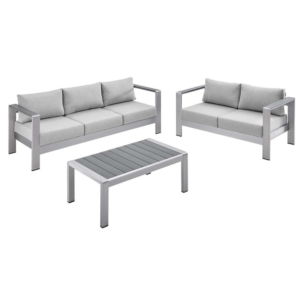 Modway Furniture Shore 3 Piece Sunbrella® Fabric Outdoor Patio Set - Stylish Aluminum Frames for Lasting Comfort Silver Gray EEI-4313-SLV-GRY-SET