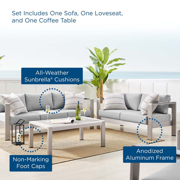 Modway Furniture Shore 3 Piece Sunbrella® Fabric Outdoor Patio Set - Stylish Aluminum Frames for Lasting Comfort Silver Gray EEI-4313-SLV-GRY-SET