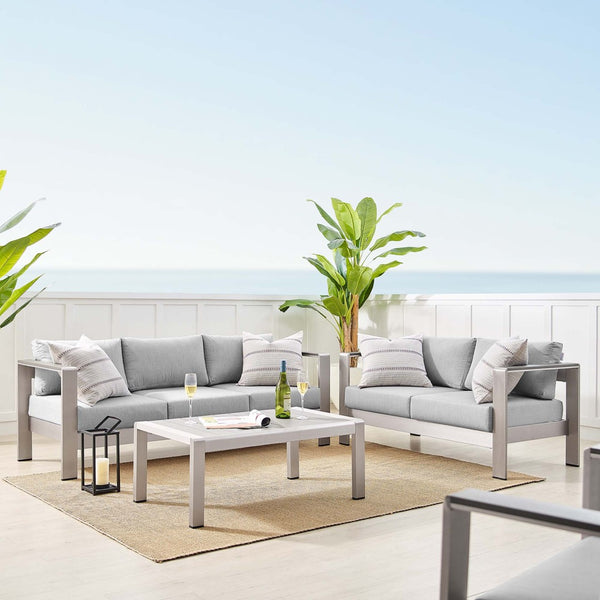 Modway Furniture Shore 3 Piece Sunbrella® Fabric Outdoor Patio Set - Stylish Aluminum Frames for Lasting Comfort Silver Gray EEI-4313-SLV-GRY-SET