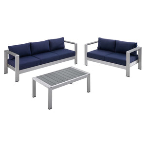 Modway Furniture Shore 3 Piece Sunbrella® Fabric Outdoor Patio Set - Stylish Aluminum Frames for Lasting Comfort Silver Navy EEI-4313-SLV-NAV-SET