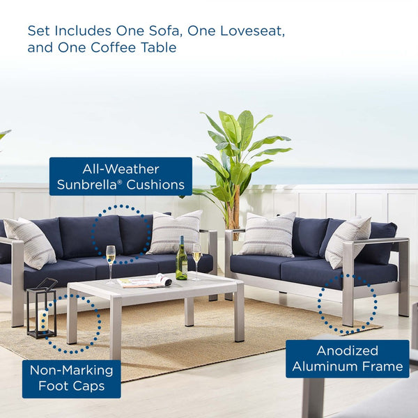 Modway Furniture Shore 3 Piece Sunbrella® Fabric Outdoor Patio Set - Stylish Aluminum Frames for Lasting Comfort Silver Navy EEI-4313-SLV-NAV-SET