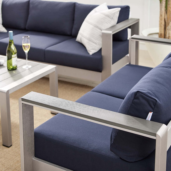 Modway Furniture Shore 3 Piece Sunbrella® Fabric Outdoor Patio Set - Stylish Aluminum Frames for Lasting Comfort Silver Navy EEI-4313-SLV-NAV-SET