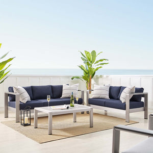 Modway Furniture Shore 3 Piece Sunbrella® Fabric Outdoor Patio Set - Stylish Aluminum Frames for Lasting Comfort Silver Navy EEI-4313-SLV-NAV-SET