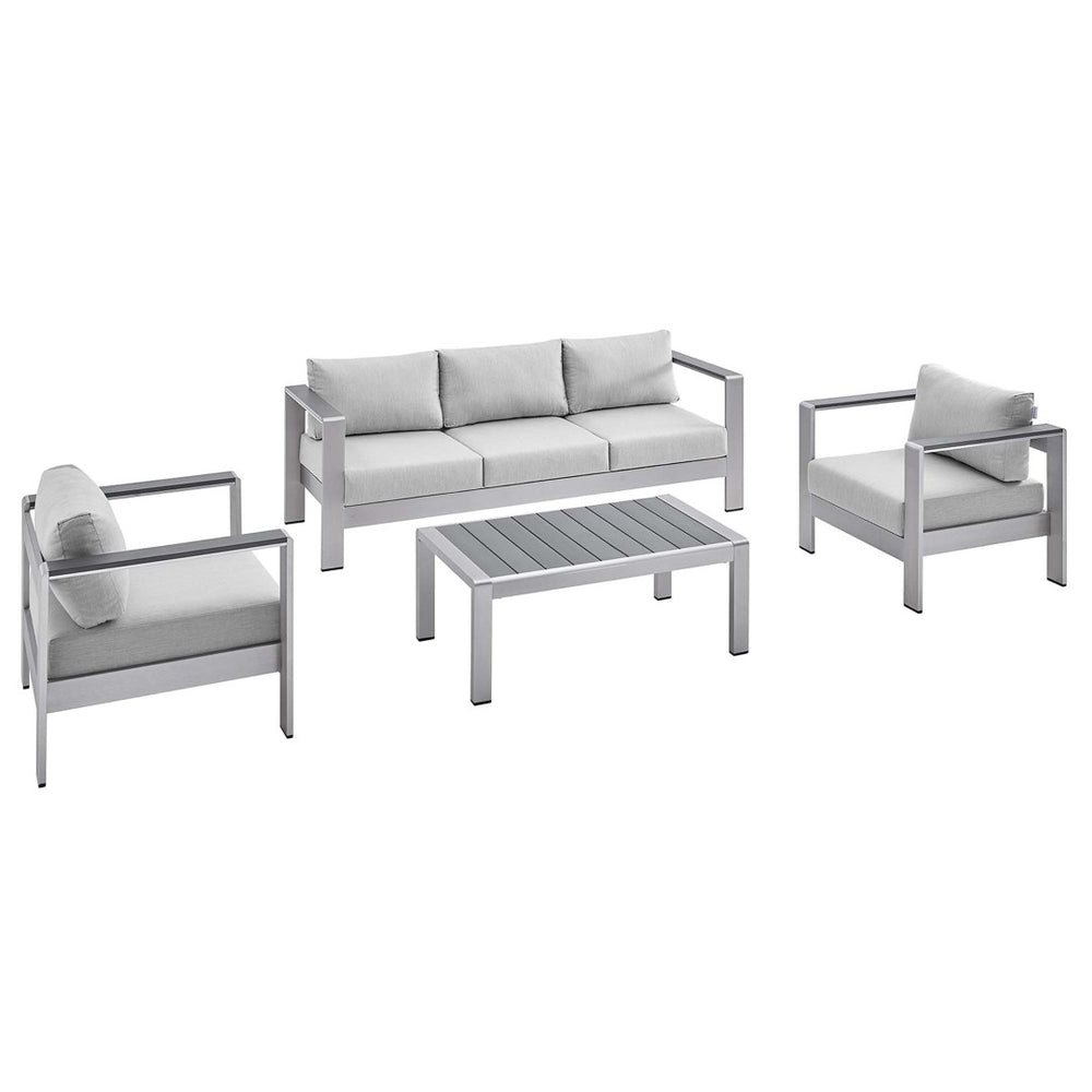 Modway Furniture Shore 4-Piece Sunbrella® Fabric Aluminum Outdoor Patio Set for Stylish and Comfortable Living Spaces Silver Gray EEI-4316-SLV-GRY-SET