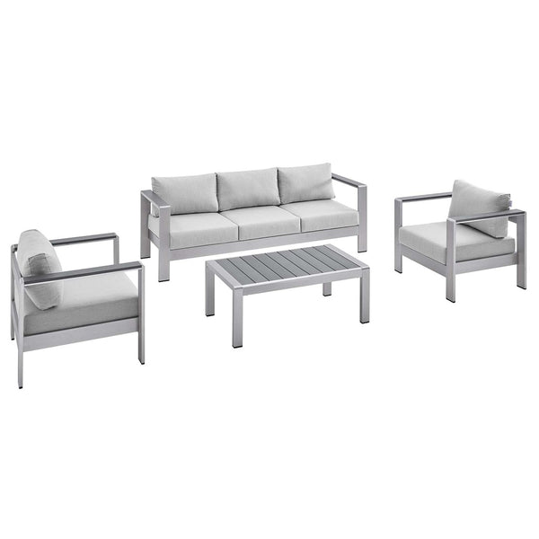 Modway Furniture Shore 4-Piece Sunbrella® Fabric Aluminum Outdoor Patio Set for Stylish and Comfortable Living Spaces Silver Gray EEI-4316-SLV-GRY-SET