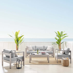 Modway Furniture Shore 4-Piece Sunbrella® Fabric Aluminum Outdoor Patio Set for Stylish and Comfortable Living Spaces Silver Gray EEI-4316-SLV-GRY-SET