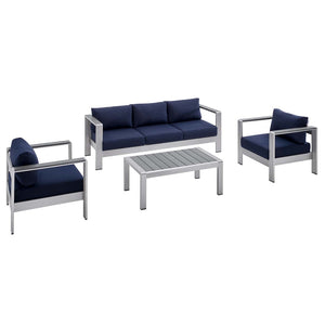 Modway Furniture Shore 4-Piece Sunbrella® Fabric Aluminum Outdoor Patio Set for Stylish and Comfortable Living Spaces Silver Navy EEI-4316-SLV-NAV-SET