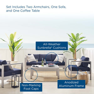 Modway Furniture Shore 4-Piece Sunbrella® Fabric Aluminum Outdoor Patio Set for Stylish and Comfortable Living Spaces Silver Navy EEI-4316-SLV-NAV-SET