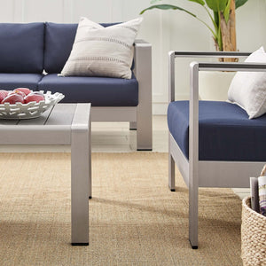 Modway Furniture Shore 4-Piece Sunbrella® Fabric Aluminum Outdoor Patio Set for Stylish and Comfortable Living Spaces Silver Navy EEI-4316-SLV-NAV-SET