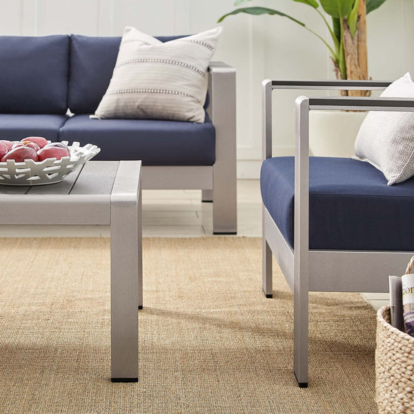 Modway Furniture Shore 4-Piece Sunbrella® Fabric Aluminum Outdoor Patio Set for Stylish and Comfortable Living Spaces Silver Navy EEI-4316-SLV-NAV-SET