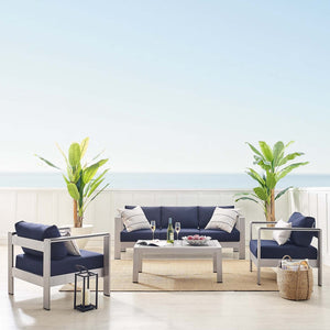 Modway Furniture Shore 4-Piece Sunbrella® Fabric Aluminum Outdoor Patio Set for Stylish and Comfortable Living Spaces Silver Navy EEI-4316-SLV-NAV-SET