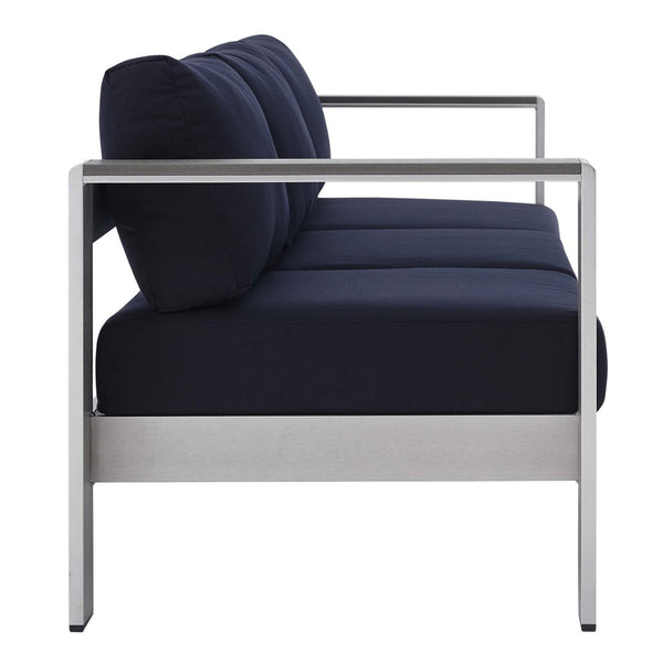 Modway Furniture Shore 4-Piece Sunbrella® Fabric Aluminum Outdoor Patio Set for Stylish and Comfortable Living Spaces Silver Navy EEI-4316-SLV-NAV-SET