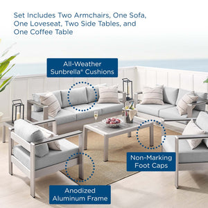 Modway Furniture Shore 7-Piece Sunbrella® Fabric Patio Set with Aluminum Frames for Stylish Outdoor Living Spaces Silver Gray EEI-4322-SLV-GRY-SET