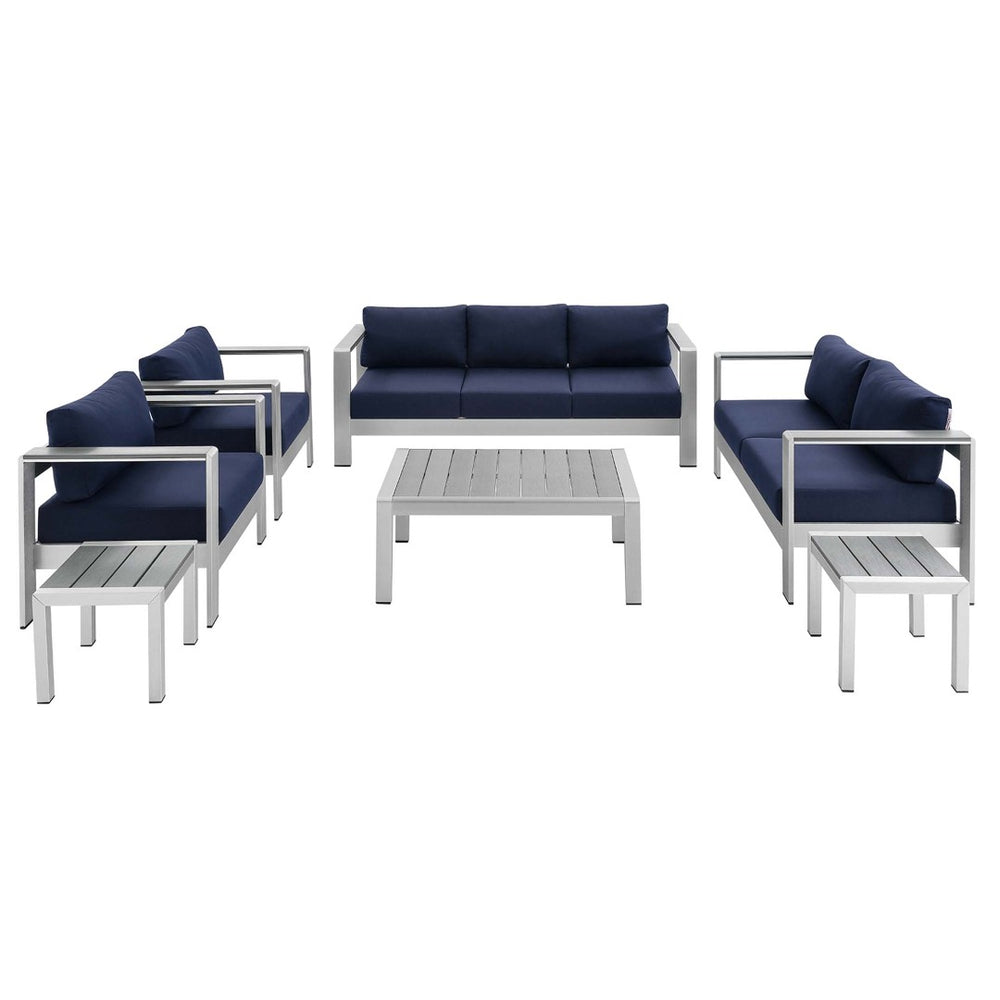 Modway Furniture Shore 7-Piece Sunbrella® Fabric Patio Set with Aluminum Frames for Stylish Outdoor Living Spaces Silver Navy EEI-4322-SLV-NAV-SET