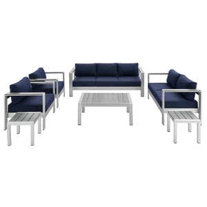 Modway Furniture Shore 7-Piece Sunbrella® Fabric Patio Set with Aluminum Frames for Stylish Outdoor Living Spaces Silver Navy EEI-4322-SLV-NAV-SET