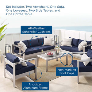 Modway Furniture Shore 7-Piece Sunbrella® Fabric Patio Set with Aluminum Frames for Stylish Outdoor Living Spaces Silver Navy EEI-4322-SLV-NAV-SET