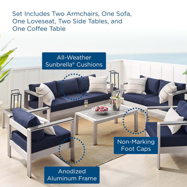 Modway Furniture Shore 7-Piece Sunbrella® Fabric Patio Set with Aluminum Frames for Stylish Outdoor Living Spaces Silver Navy EEI-4322-SLV-NAV-SET