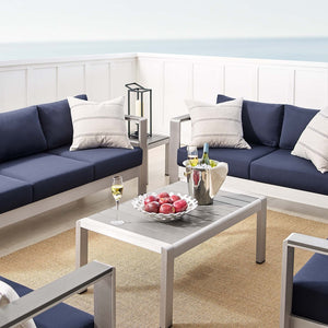 Modway Furniture Shore 7-Piece Sunbrella® Fabric Patio Set with Aluminum Frames for Stylish Outdoor Living Spaces Silver Navy EEI-4322-SLV-NAV-SET