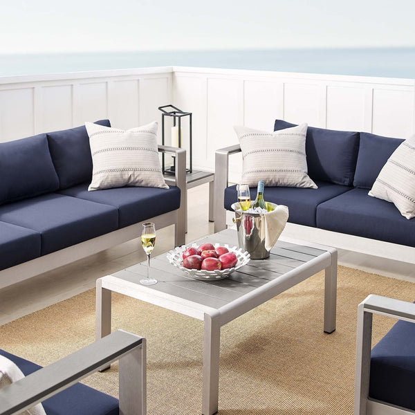 Modway Furniture Shore 7-Piece Sunbrella® Fabric Patio Set with Aluminum Frames for Stylish Outdoor Living Spaces Silver Navy EEI-4322-SLV-NAV-SET