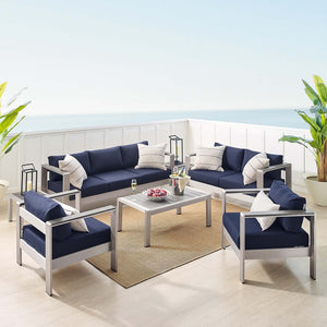 Modway Furniture Shore 7-Piece Sunbrella® Fabric Patio Set with Aluminum Frames for Stylish Outdoor Living Spaces Silver Navy EEI-4322-SLV-NAV-SET
