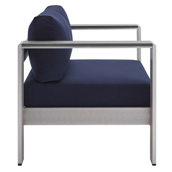 Modway Furniture Shore 7-Piece Sunbrella® Fabric Patio Set with Aluminum Frames for Stylish Outdoor Living Spaces Silver Navy EEI-4322-SLV-NAV-SET