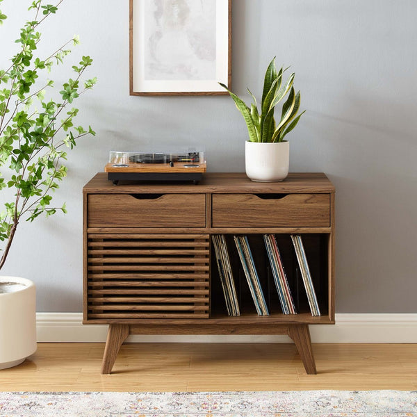Modway Furniture Render Vinyl Record Display Stand for Modern Homes - Stylish Storage for Vinyls and Accessories Walnut EEI-4323-WAL
