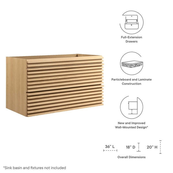 Modway Furniture Render 36" Wall-Mount Bathroom Vanity Cabinet - Stylish Mid-Century Modern Design for Any Space Oak EEI-4339-OAK