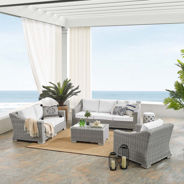 Modway Furniture Conway 4-Piece Outdoor Patio Wicker Rattan Furniture Set with Sunbrella® Cushions for Comfort Light Gray White EEI-4355-LGR-WHI
