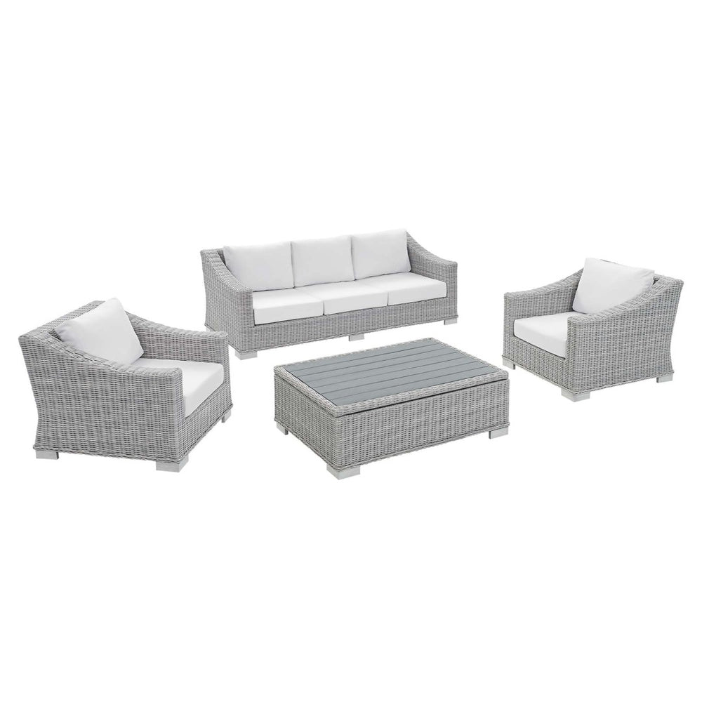 Modway Furniture Conway 4-Piece Sunbrella® Outdoor Patio Wicker Rattan Furniture Set - Stylish, Durable, Comfortable Seating Light Gray White EEI-4359-LGR-WHI
