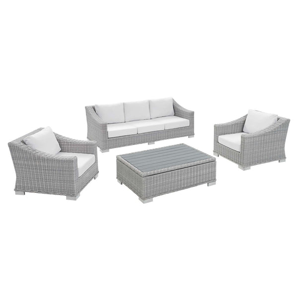 Modway Furniture Conway 4-Piece Sunbrella® Outdoor Patio Wicker Rattan Furniture Set - Stylish, Durable, Comfortable Seating Light Gray White EEI-4359-LGR-WHI
