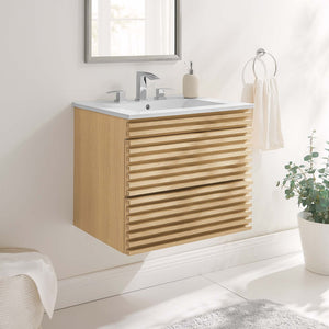 Modway Furniture Render 24" Wall-Mount Bathroom Vanity - Mid-Century Modern Design with Ample Storage and Style Oak White EEI-4433-OAK-WHI
