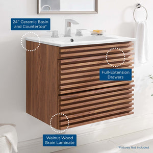 Modway Furniture Render 24" Wall-Mount Bathroom Vanity - Mid-Century Modern Design with Ample Storage and Style Walnut White EEI-4433-WAL-WHI