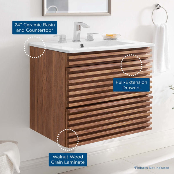 Modway Furniture Render 24" Wall-Mount Bathroom Vanity - Mid-Century Modern Design with Ample Storage and Style Walnut White EEI-4433-WAL-WHI