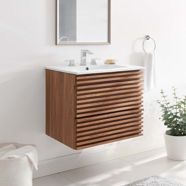 Modway Furniture Render 24" Wall-Mount Bathroom Vanity - Mid-Century Modern Design with Ample Storage and Style Walnut White EEI-4433-WAL-WHI