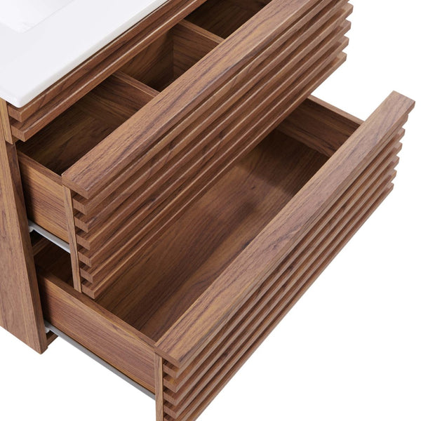 Modway Furniture Render 24" Wall-Mount Bathroom Vanity - Mid-Century Modern Design with Ample Storage and Style Walnut White EEI-4433-WAL-WHI