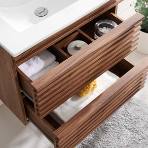 Modway Furniture Render 24" Wall-Mount Bathroom Vanity - Mid-Century Modern Design with Ample Storage and Style Walnut White EEI-4433-WAL-WHI